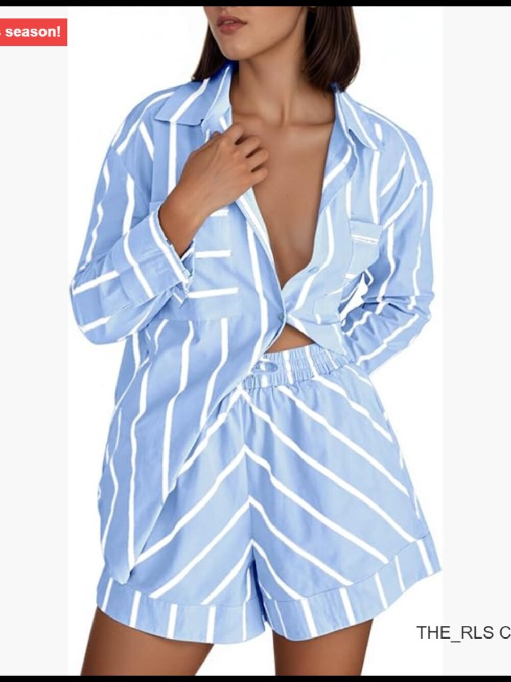 Striped Button Down Shirt and Shorts Matching Set, Polyester Elastane
